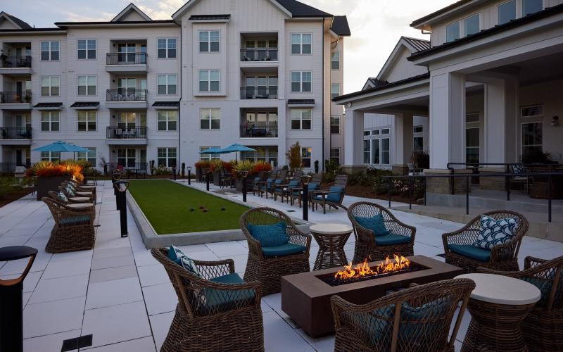 a courtyard and a firepit